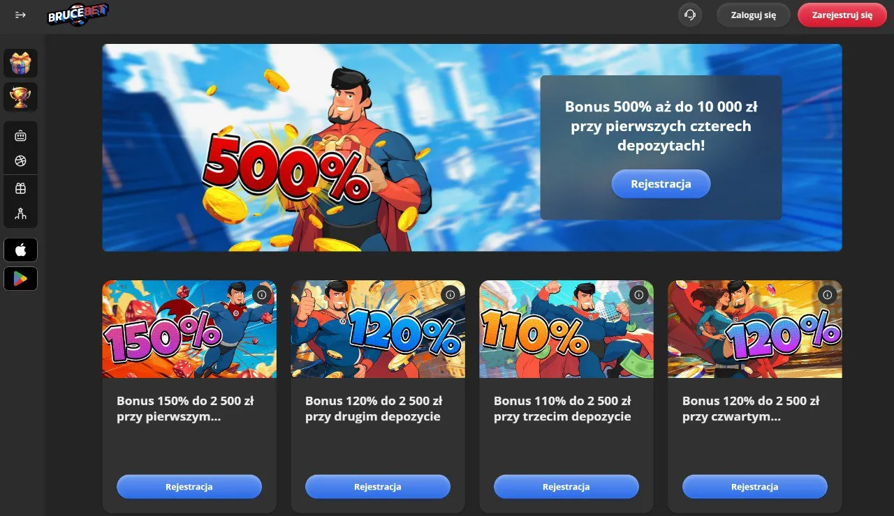 Bruce Bet – 500% do 10.000 PLN przy 4 depozytach + 50 FS z kodem