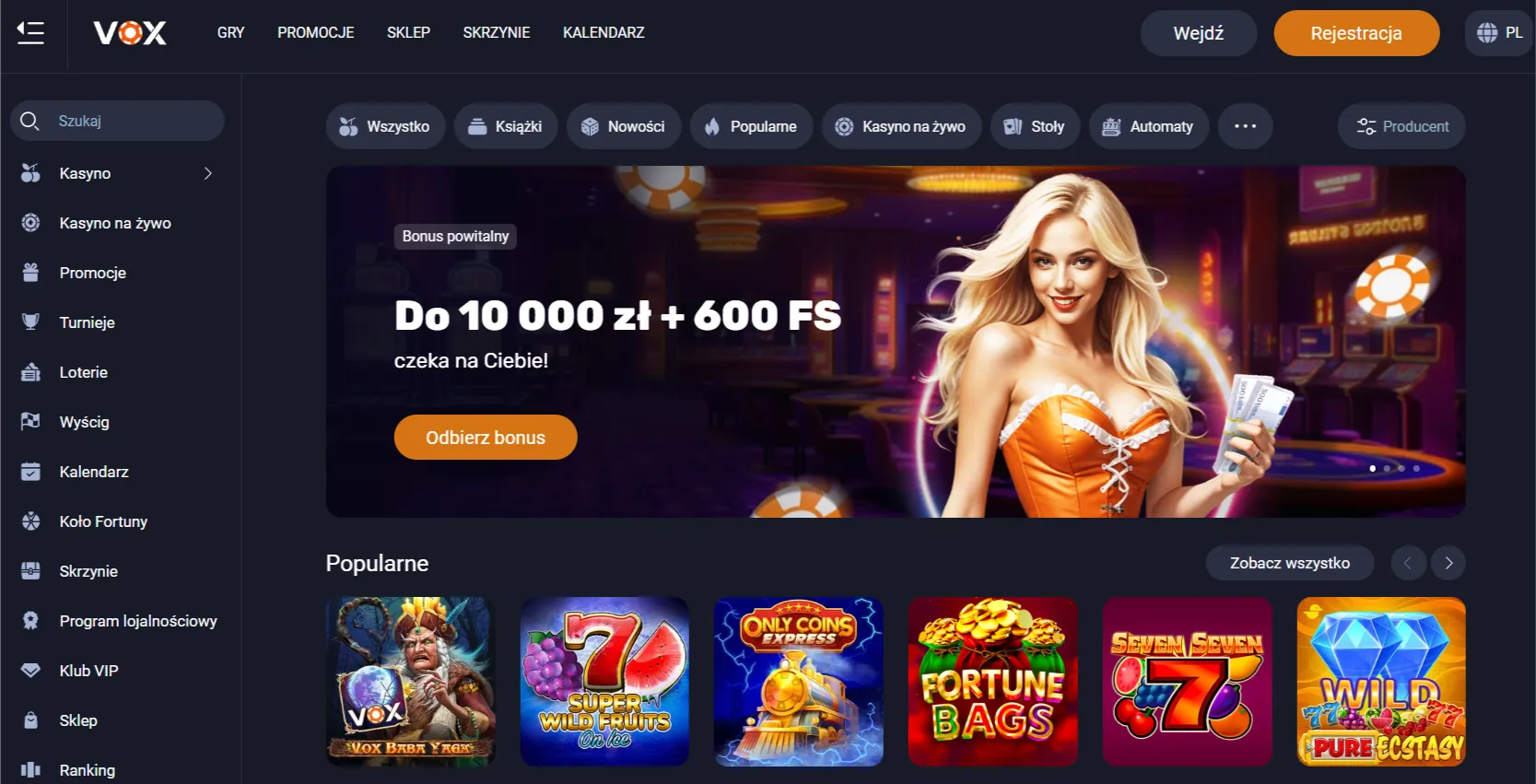 VOX Casino – klub z największym bonusem: 600 FS, 725%, 10 000 zł